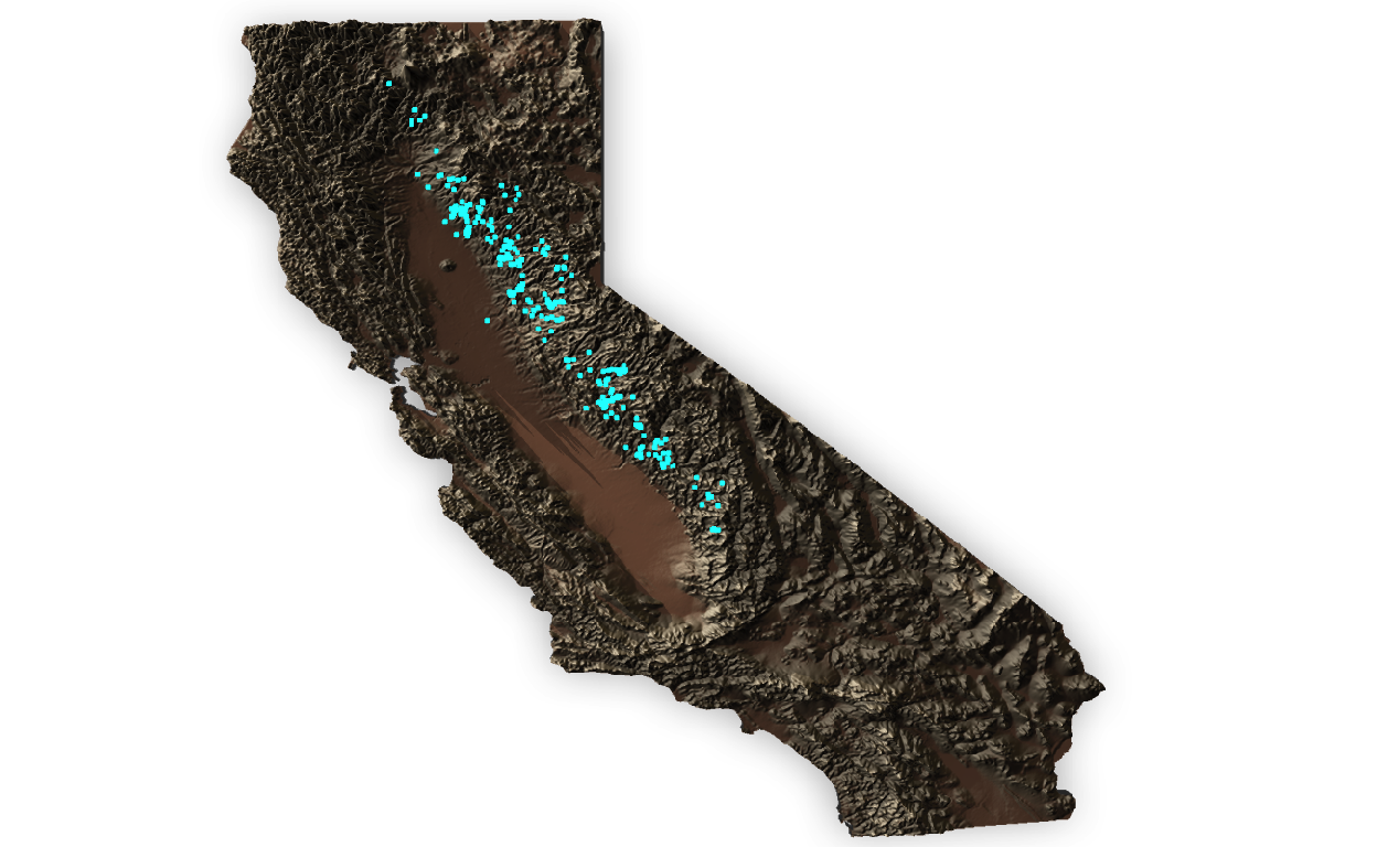 Rayshader 3D plot of California with occurrence points in cyan.