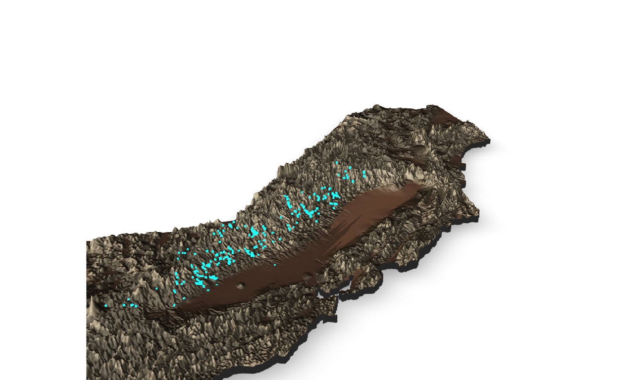 Rayshader 3D plot of California from a different rotation & lower angle.